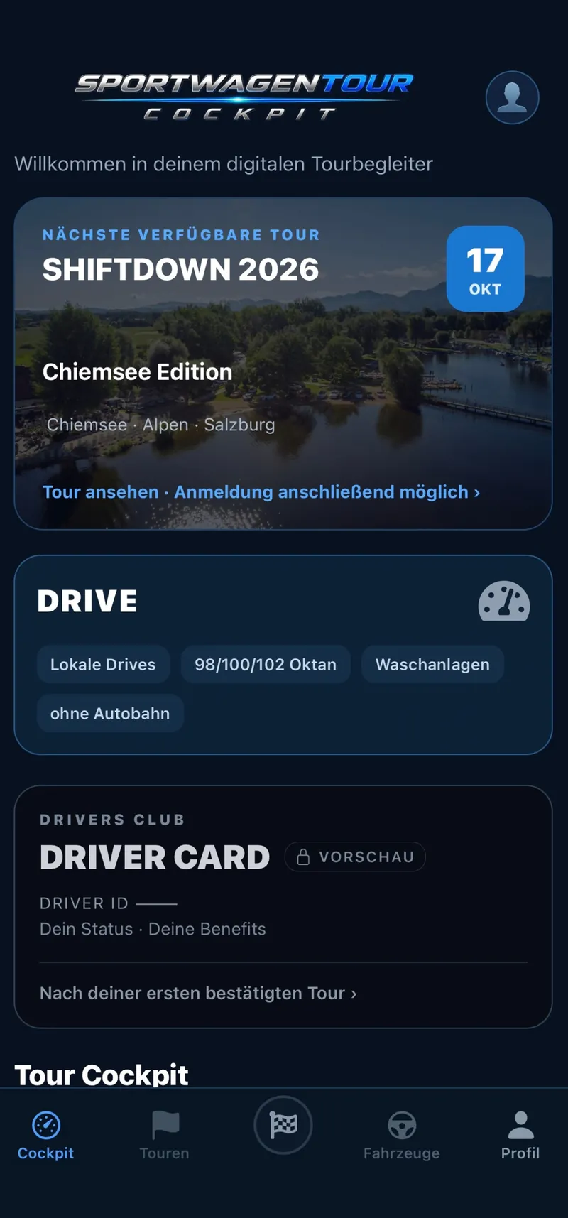 Startansicht der Sportwagentour Cockpit App mit Tourübersicht und Drive-Bereich