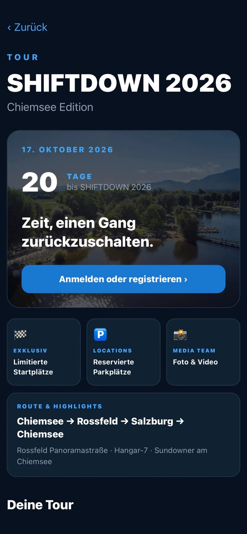 Beispielhafte Touransicht mit Route und Veranstaltungsdetails